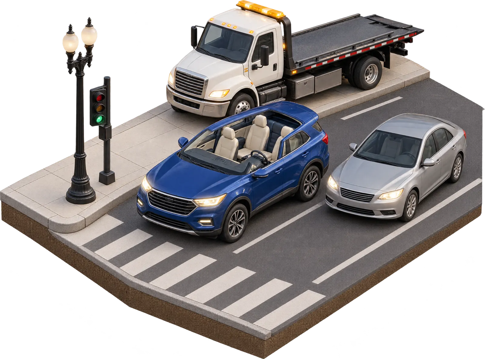 An illustrated street corner in Chicago: a blue SUV with its roof cut away to show the seats, a silver sedan beside it, a tow truck at the curb, a crosswalk and a traffic signal