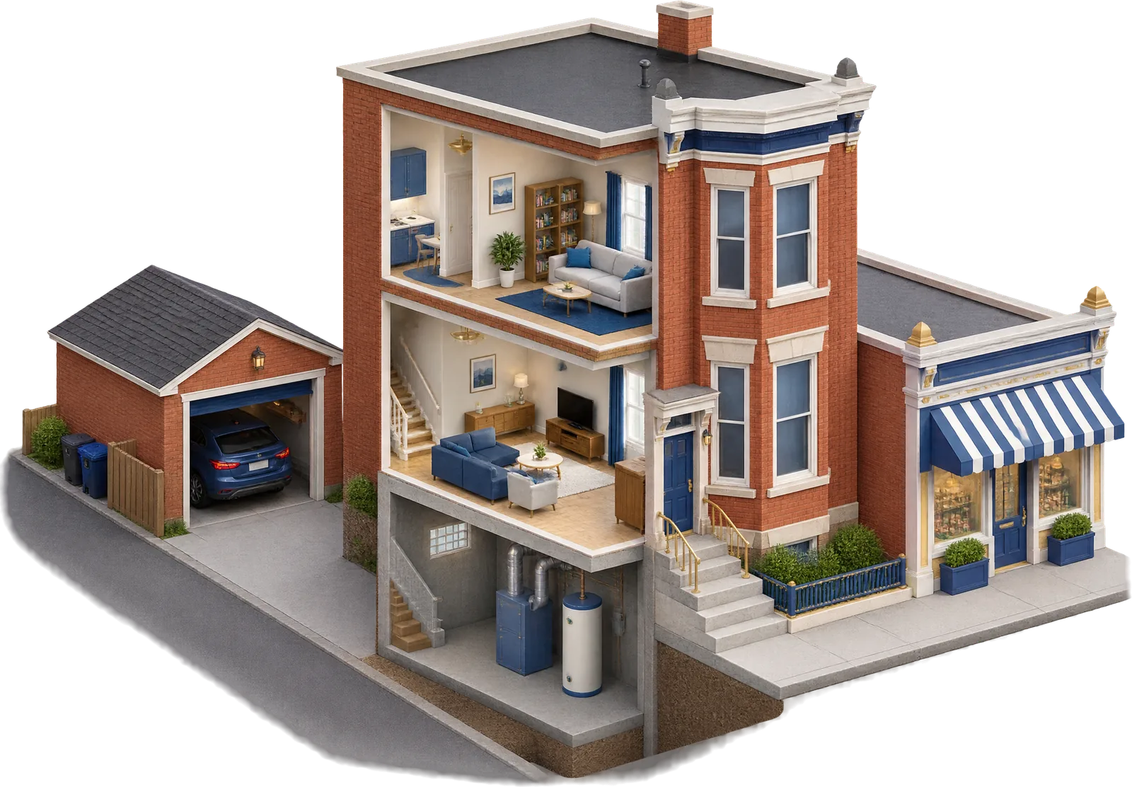 A cutaway illustration of a Chicago brick two-flat with its garage, its basement, and the corner shop next door